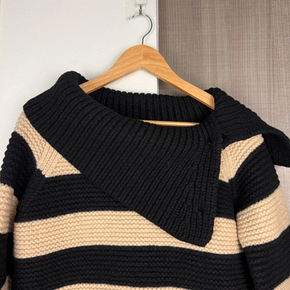 Kate Spade Black Tan Stripe Collared Knit Sweater Chunky 100% Wool Large‎